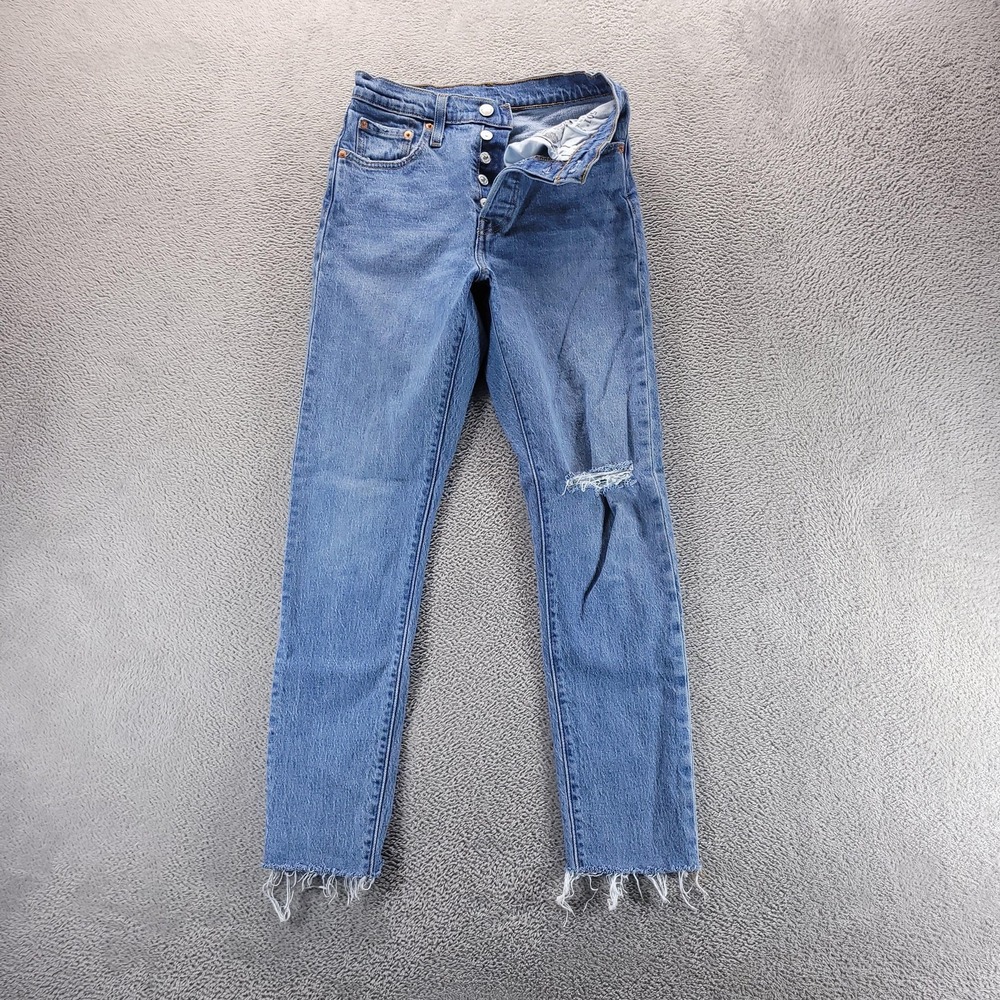 Levis 501 Jeans Womens 25 Blue High Rise Skinny Distressed Raw Hem Button Fly